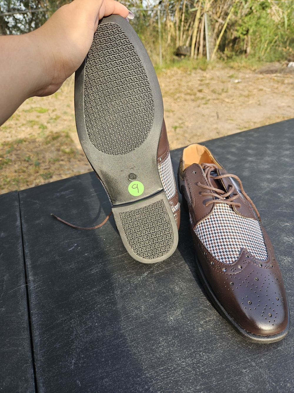 Men's Brown Wingtip Dress Shoes with Houndstooth Panel